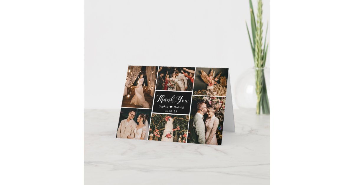 Modern Black and White 6 Photo Collage Wedding Thank You Card | Zazzle