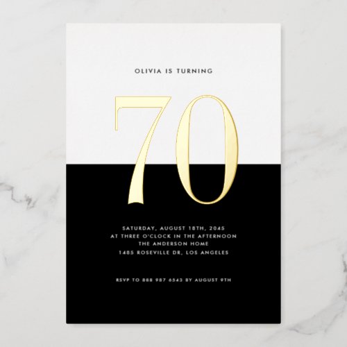 Modern Black and White 70th Birthday Gold Foil Foil Invitation