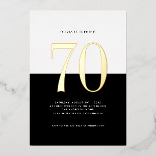 Modern Black and White 70th Birthday Gold Foil Invitation