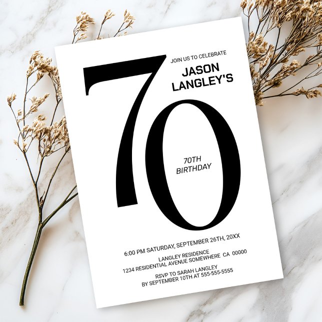 Modern Black and White 70th Birthday Party Invitation (Creator Uploaded)