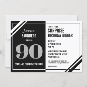 Modern Black and White 90th Surprise Birthday Invitation