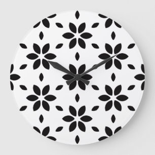 Modern Black and White Abstract Floral Large Clock