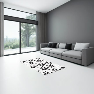 Modern Black and White Abstract Floral  Rug