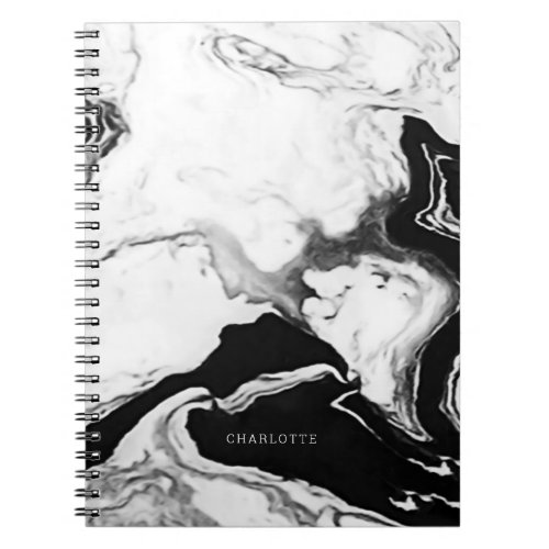 Modern Black And White Abstract Marble Custom Name Notebook