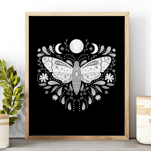 Modern Black And White Abstract Moth Illustration Poster