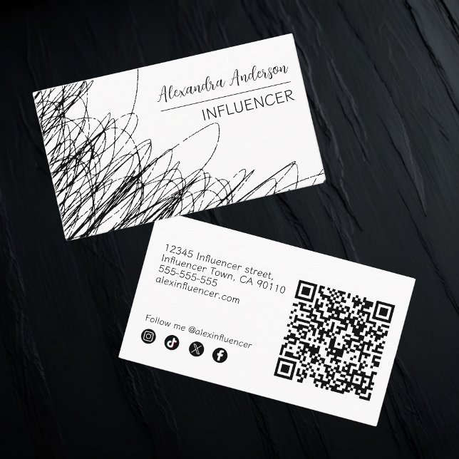 Modern Black And White Abstract Scribble QR Code  Business Card (Modern Black And White Abstract Scribble QR Code Business Card)
