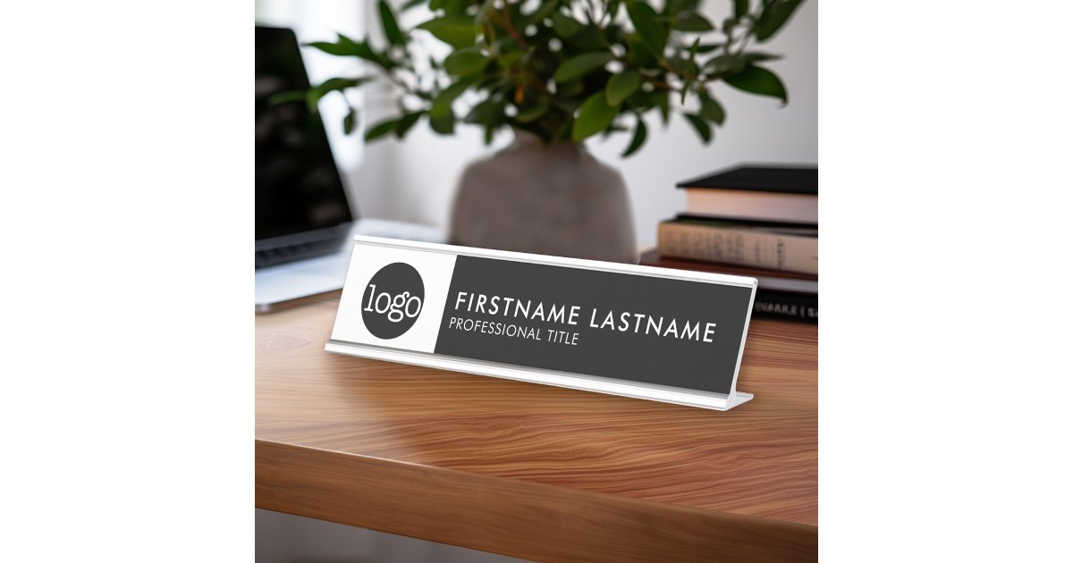 Modern Black and White - Add Logo, Name, Title Desk Name Plate | Zazzle