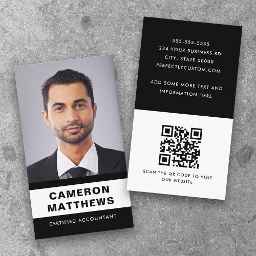 Modern black and white add photo QR code Business Card