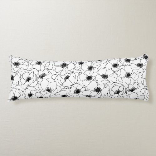 Modern Black and White Anemone Flower Pattern Body Pillow