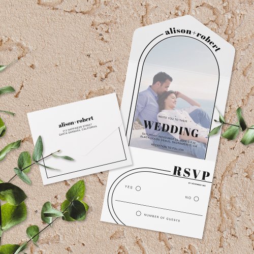 Modern black and white arch and photo wedding all in one invitation