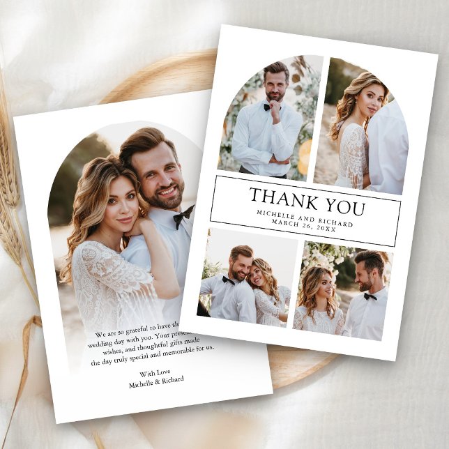 Modern Black and White Arch Photo Collage Wedding Thank You Card (Creator Uploaded)