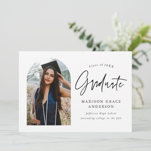 Modern Black and White Arch Photo Graduation Announcement | Zazzle