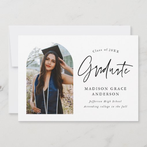 Modern Black and White Arch Photo Graduation Announcement | Zazzle