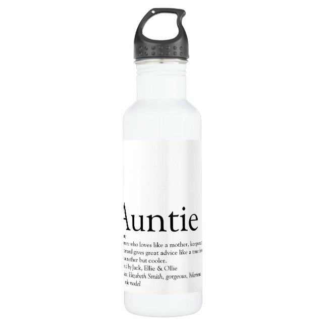 Modern Black and White Aunt Auntie Definition Stainless Steel Water Bottle (Front)