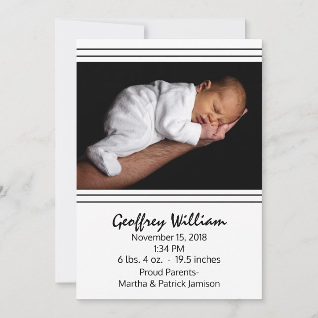 Modern Black and White Baby Birth Announcement (Front)