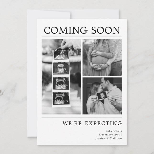 Modern Black and White Baby Photo Pregnancy Reveal Announcement (Front)