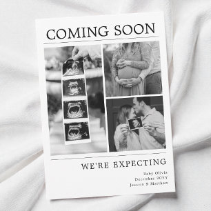 Modern Black and White Baby Photo Pregnancy Reveal Announcement