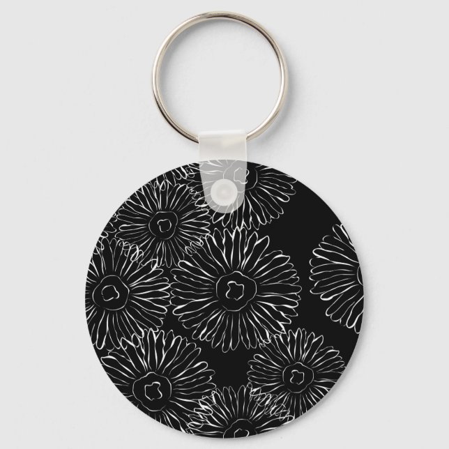 Modern Black and White Boho Chic Daisy Pattern  Keychain (Front)