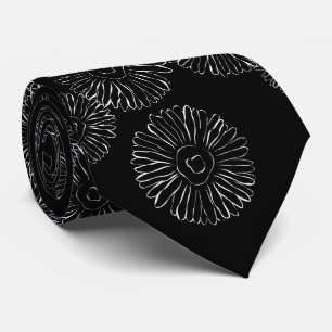 Modern Black and White Boho Chic Daisy Pattern Neck Tie