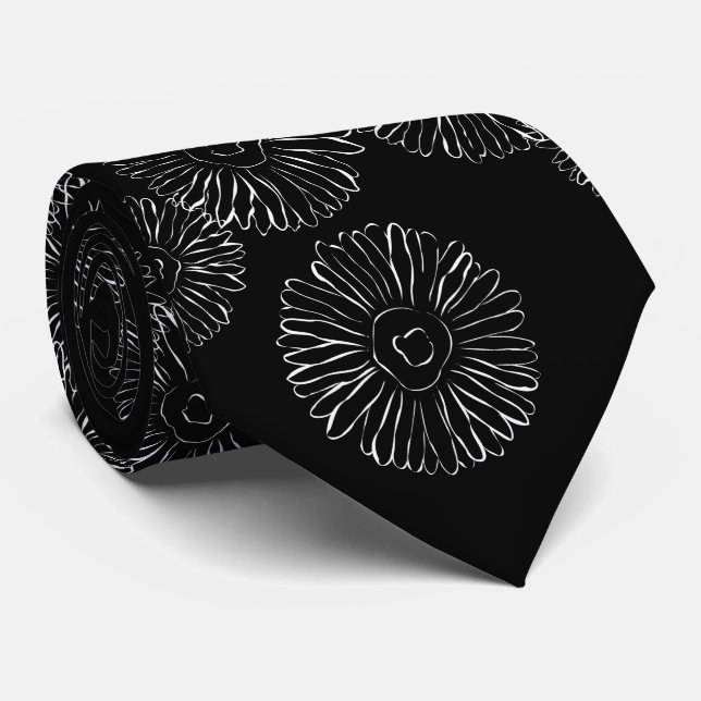 Modern Black and White Boho Chic Daisy Pattern  Neck Tie (Rolled)