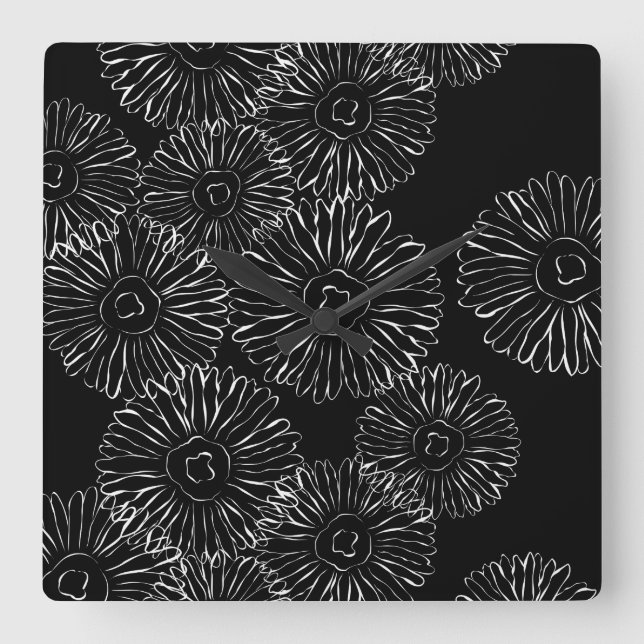 Modern Black and White Boho Chic Daisy Pattern  Square Wall Clock (Front)