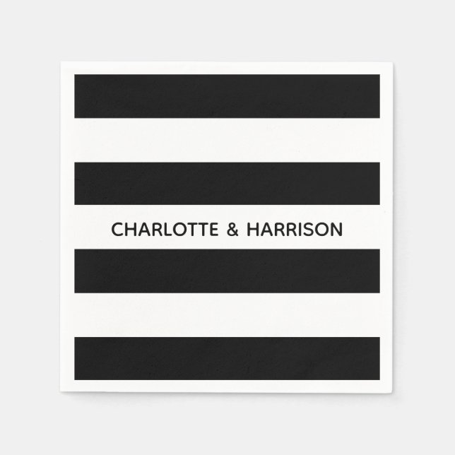 Modern black and white bold stripes custom names napkins (Front)