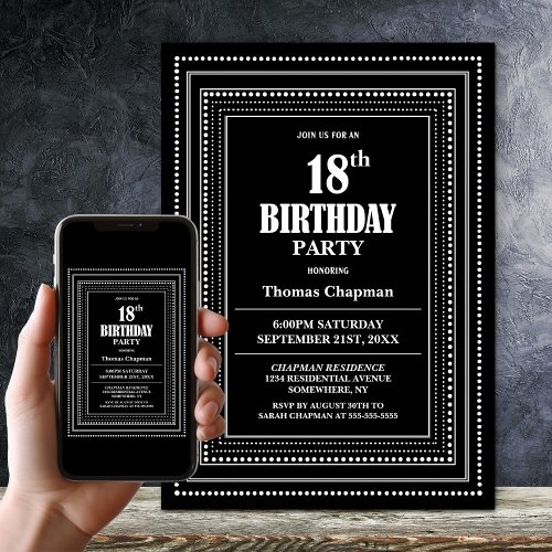 Modern Black and White Border 18th Birthday Party
