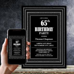 Modern Black and White Border 65th Birthday Party Invitation