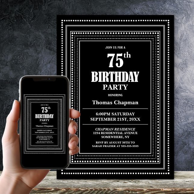 Modern Black and White Border 75th Birthday Party Invitation (Creator Uploaded)
