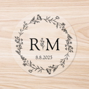 modern black and white botanical monogram wedding classic round sticker