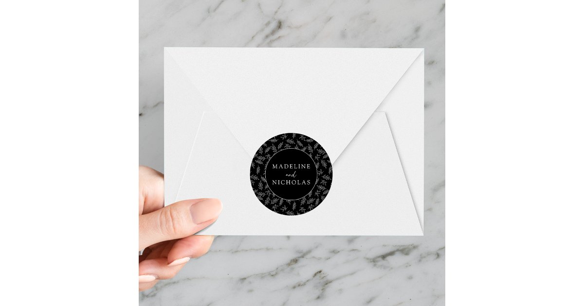 Modern Black and White Botanical Wedding Classic Round Sticker | Zazzle