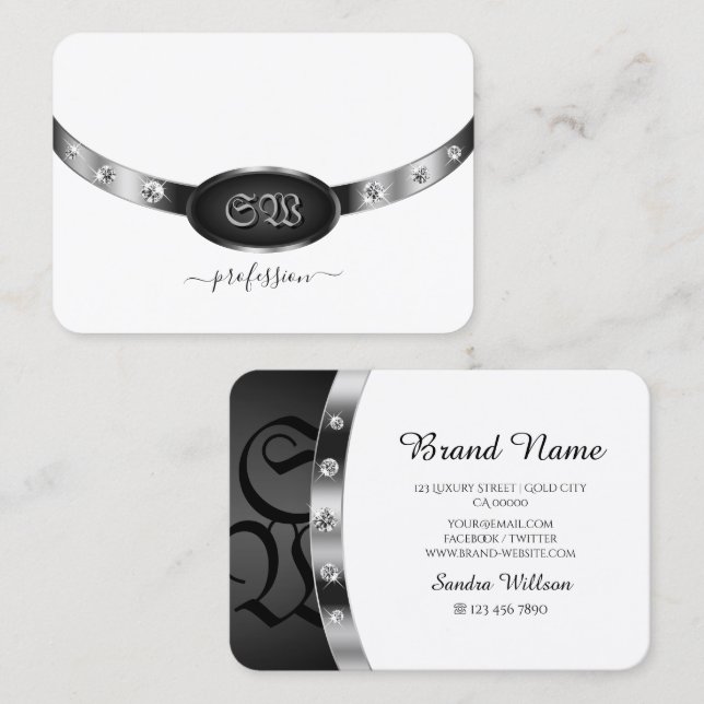 Modern Black and White Bright Silver with Monogram Business Card (Front/Back)