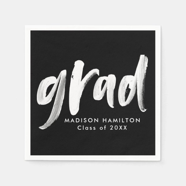 Modern Black and White Brush Script Graduation Napkins (Front)
