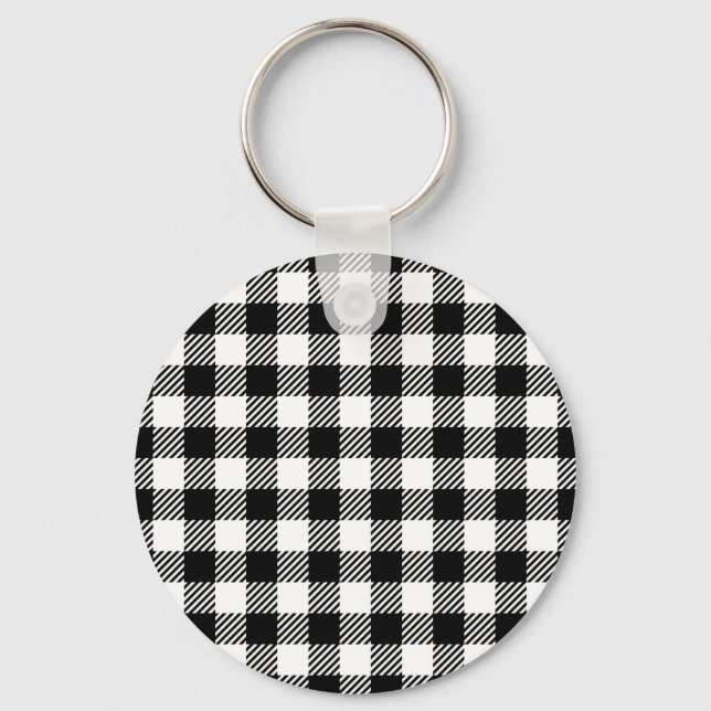 Modern Black and White Buffalo Check Gingham Keychain (Front)
