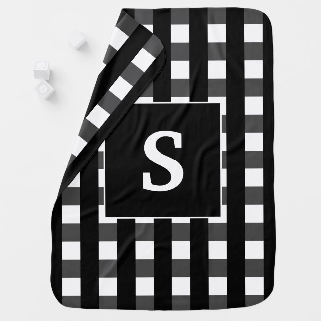 Modern Black and White Buffalo Check Monogram Baby Blanket (In Situ)