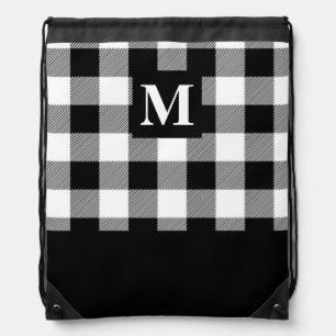 Modern Black and White Buffalo Plaid Monogram Drawstring Bag