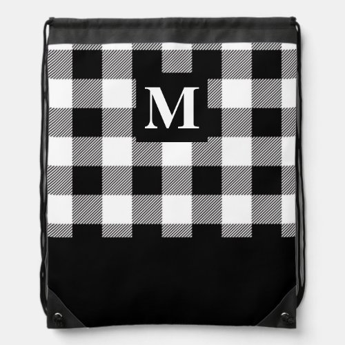 Modern Black and White Buffalo Plaid Monogram Drawstring Bag