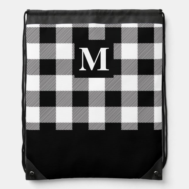 Modern Black and White Buffalo Plaid Monogram Drawstring Bag (Front)