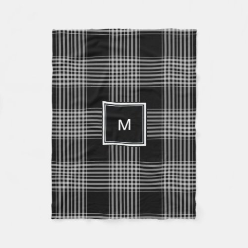 Modern black and white buffalo plaid monogram fleece blanket