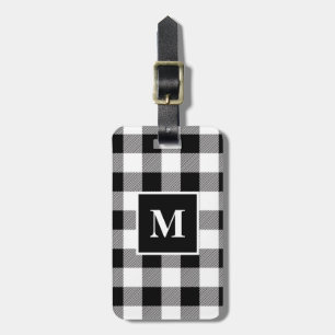 Modern Black and White Buffalo Plaid Monogram Luggage Tag