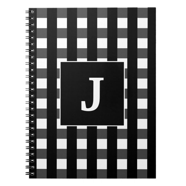 Modern Black And White Buffalo Plaid Monogram Notebook (Front)