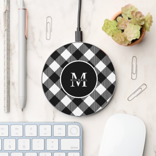 Modern Black and White Buffalo Plaid Monogram Wire Wireless Charger