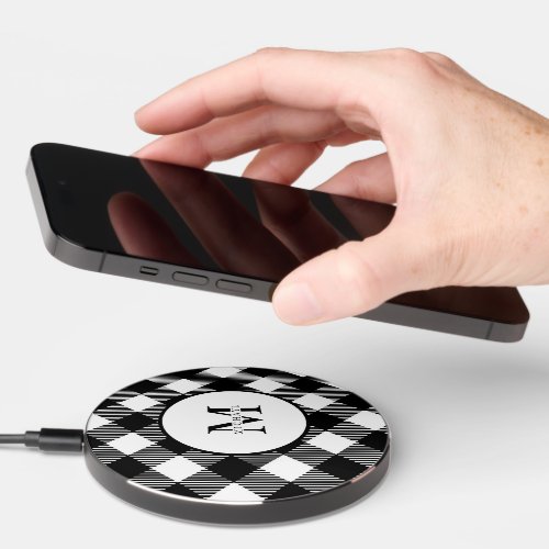 Modern Black and White Buffalo Plaid Monogram Wireless Charger