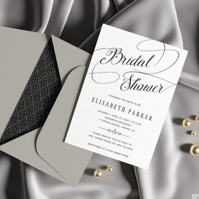 Modern black and white calligraphy bridal shower invitation