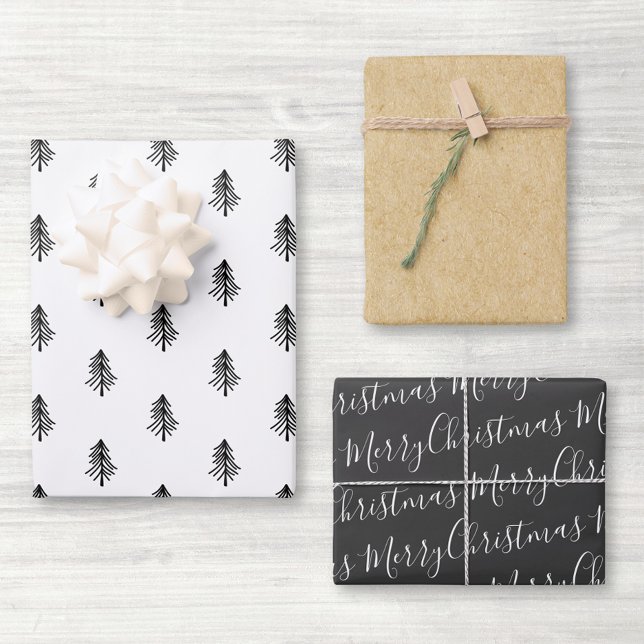 Modern Black and White Calligraphy Christmas Tree Wrapping Paper Sheets (Creator Uploaded)
