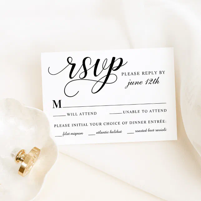 Modern Black and White Calligraphy Script Wedding RSVP Card | Zazzle