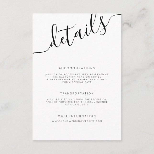 Modern Black and White Calligraphy Wedding Details Enclosure Card (Front)