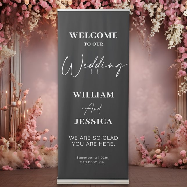 Modern Black and White Calligraphy Wedding Welcome Retractable Banner (Creator Uploaded)