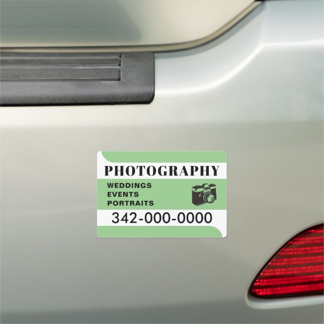 Modern black and white camera green photography car magnet (In Situ)