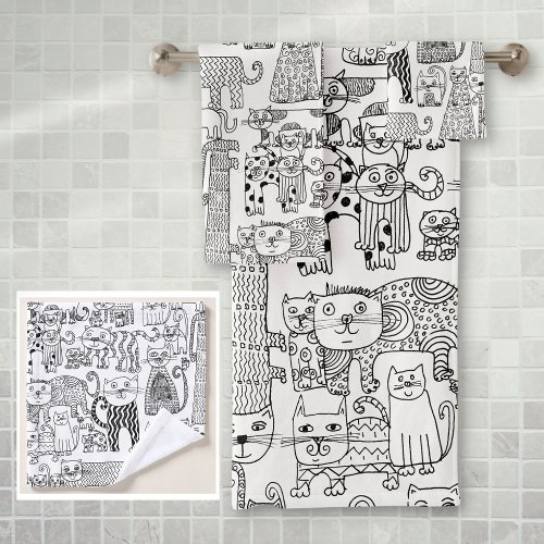 Modern Black and White Cats And Kittens Patterned Bath Towel Set